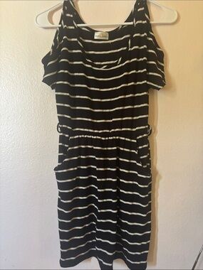 Mary Jane Black & White Striped Cold-Shoulder Midi Dress Size S